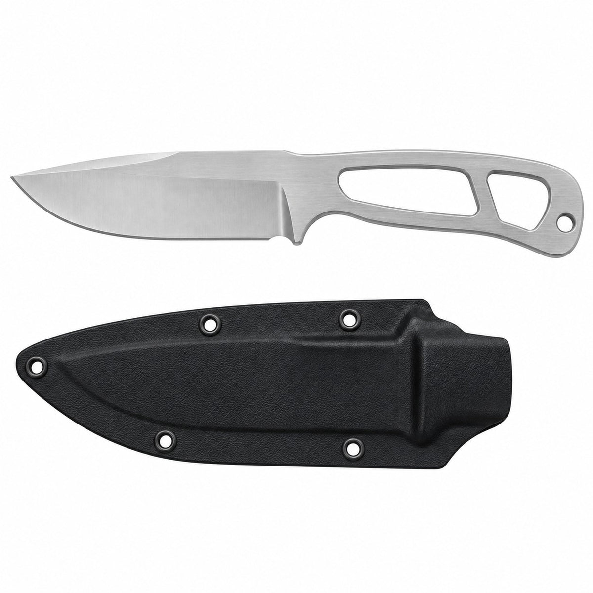 Silver steel fixed blade knife and its black molded sheath shown together on white.
