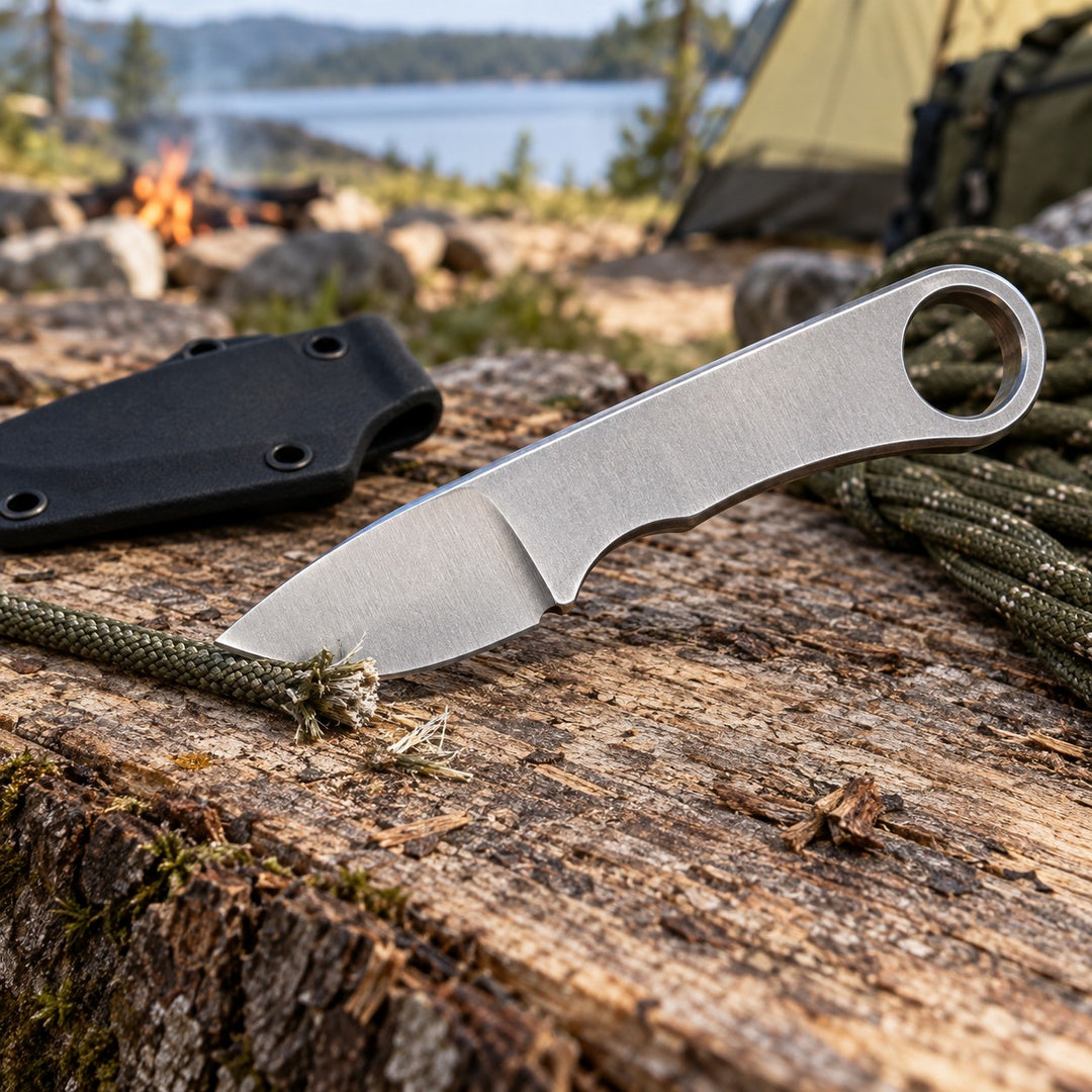 Silver steel fixed blade knife trims a loose cord at a simple campsite work surface.