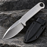 Silver steel fixed blade knife and black sheath highlight its compact, sturdy fixed blade design.