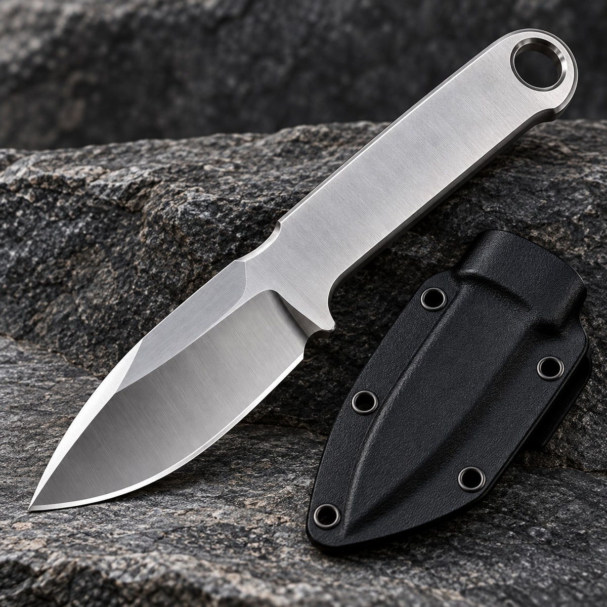 Silver steel fixed blade knife and black sheath highlight its compact, sturdy fixed blade design.