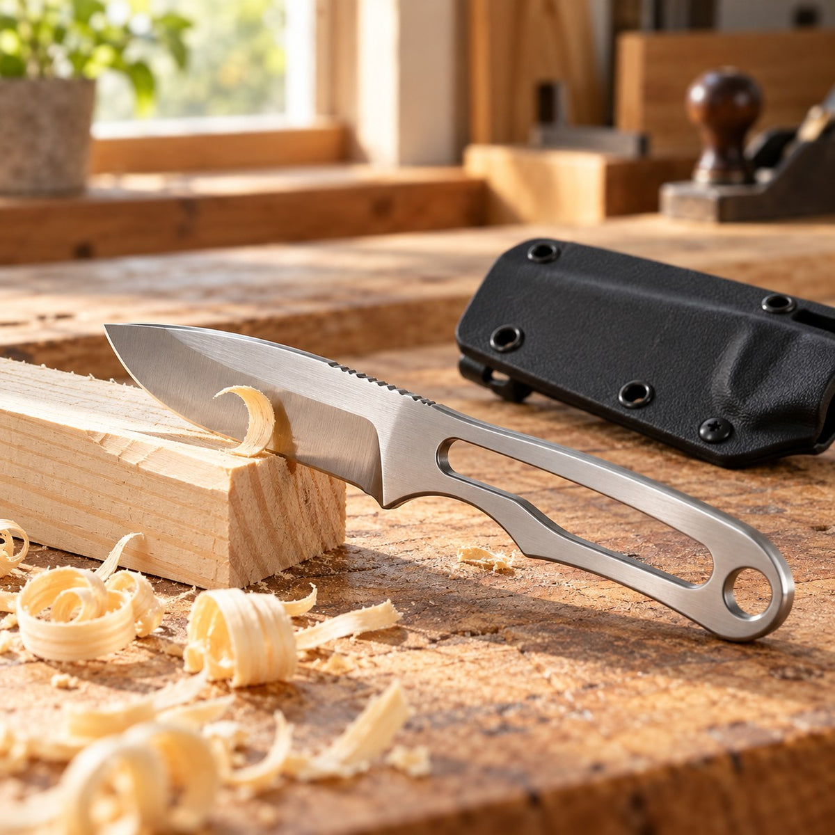 Silver steel fixed blade knife shaves a small wood piece on a softly lit workbench.