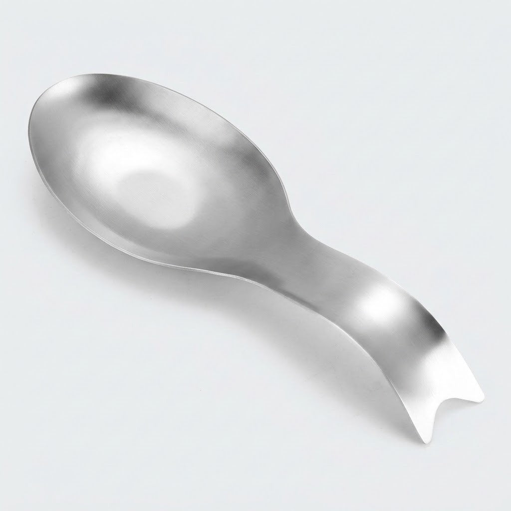 A stainless steel spoon with a decorative, curved handle and a small notch on the end, shown on a light gray background.