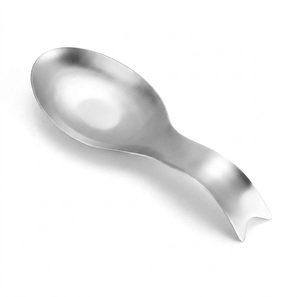 A stainless steel spoon with a uniquely shaped, wavy handle, photographed on a clean white background.