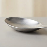 A brushed silver metal spoon resting on a neutral gray surface with a soft beige background.