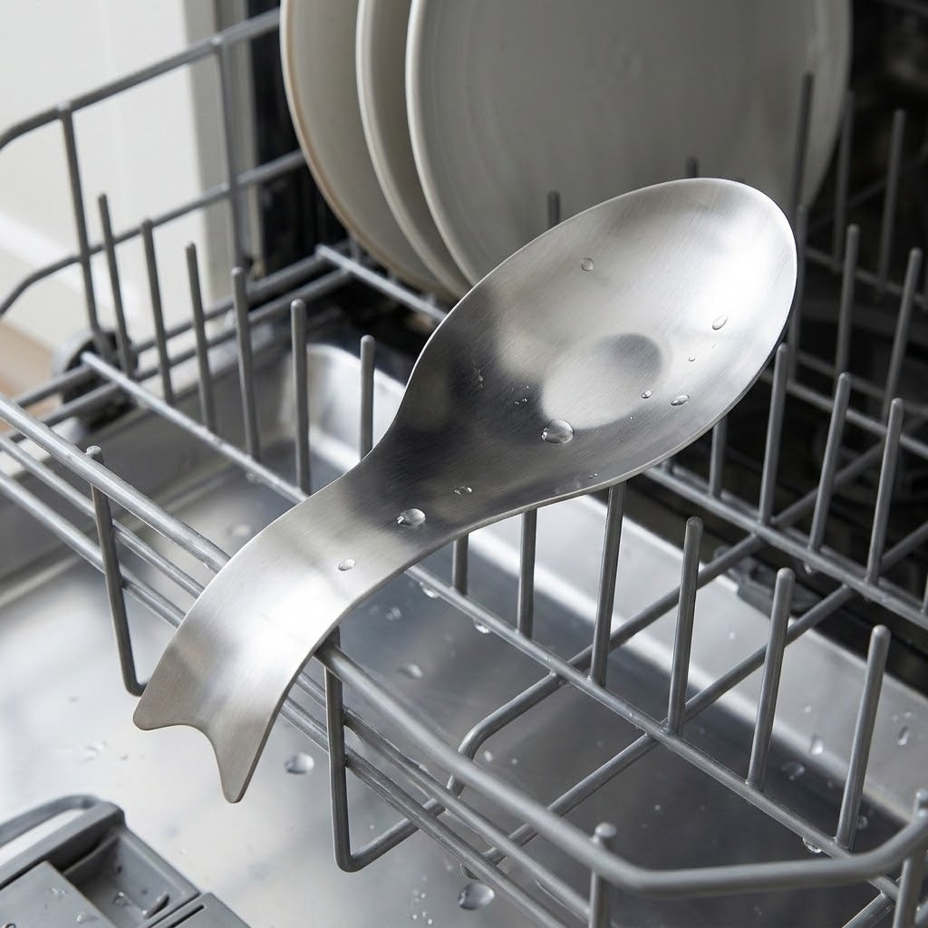 A stainless steel kitchen spoon with a curved, sculptural handle rests in the open lower basket of a dishwasher, with stacked plates visible in the upper rack.
