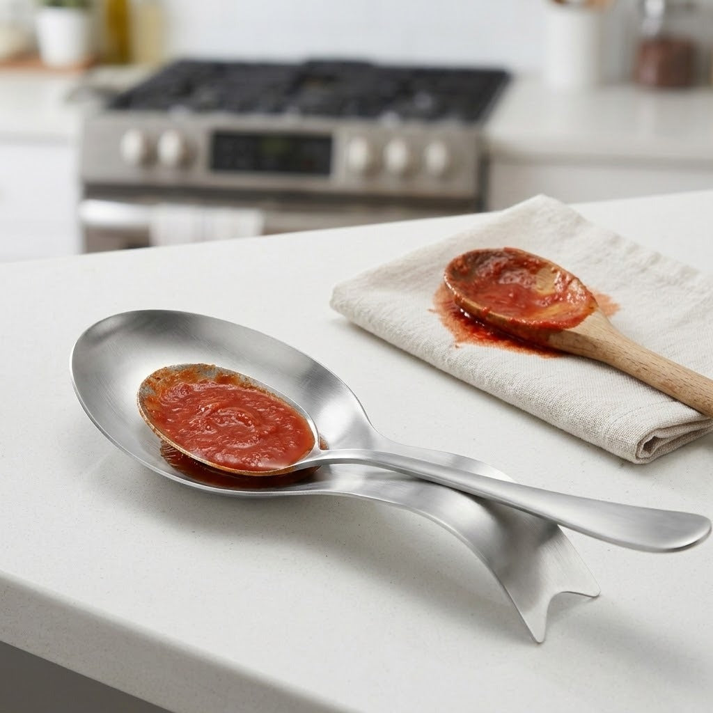 A stainless steel spoon rest shaped like a serving spoon, holding a spoonful of red tomato sauce on a white kitchen countertop. A folded cream cloth with another wooden spoon and sauce sits in the background, with a blurred stove visible behind.
