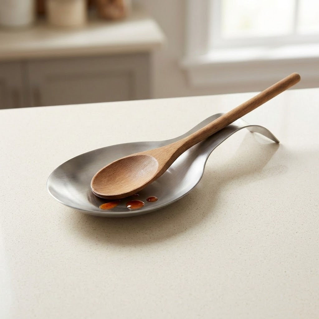 A wooden spoon resting on a metallic spoon-shaped dish on a light countertop in a softly blurred kitchen setting.