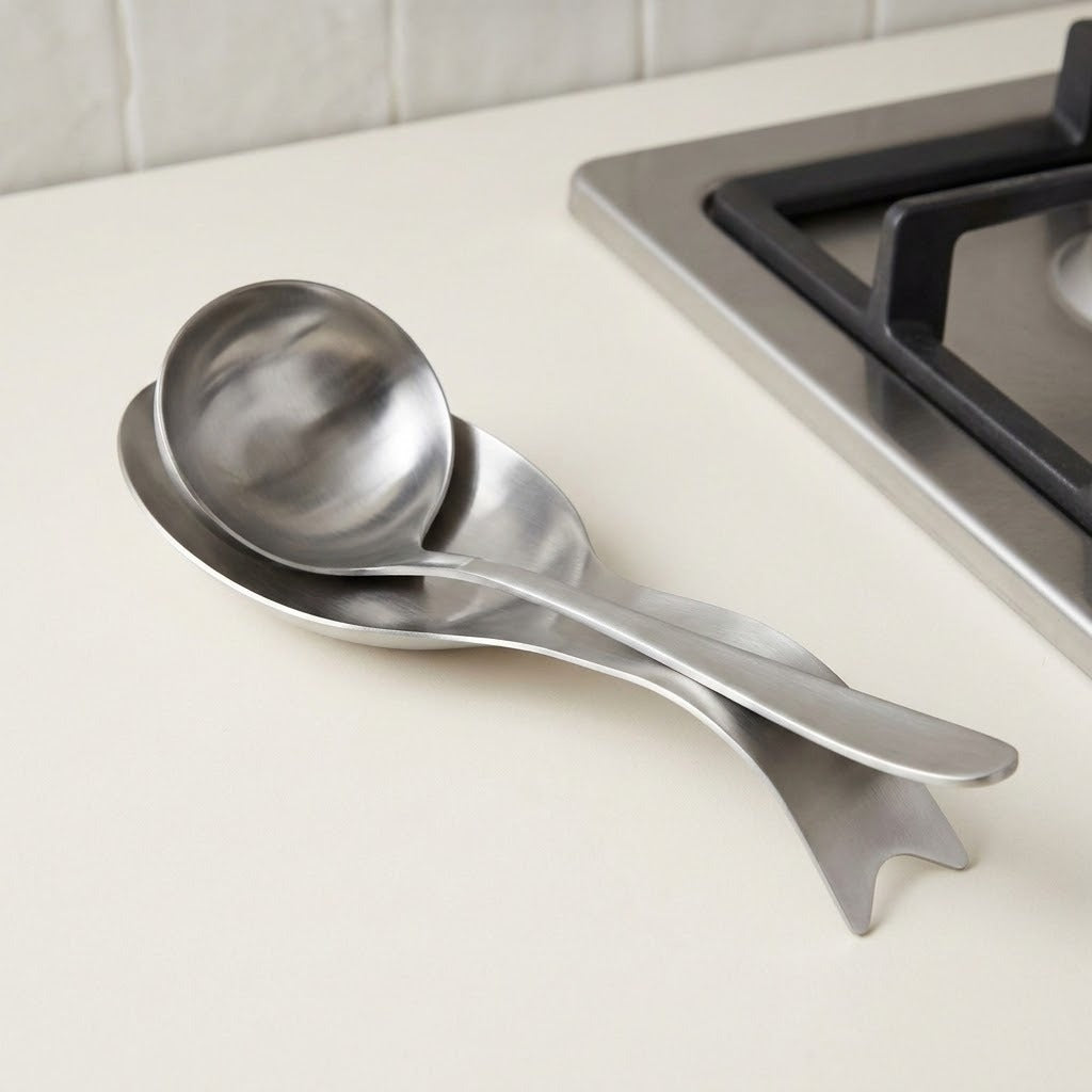 Two stainless steel kitchen utensils, one spoon and one spatula, resting on a white countertop next to a gas stovetop.