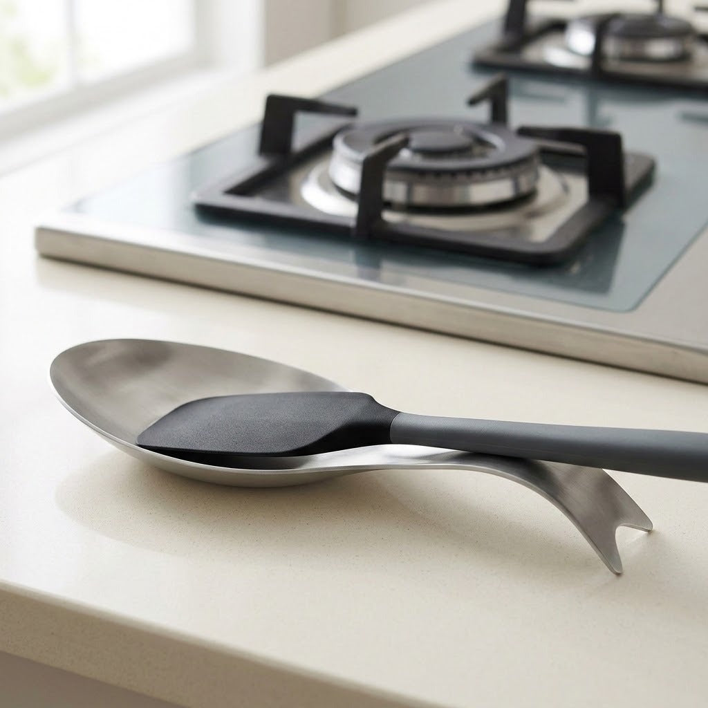 A kitchen utensil with a curved silver metal bowl and a black silicone scraper on a handle, resting on a light countertop with a gas stove in the background.
