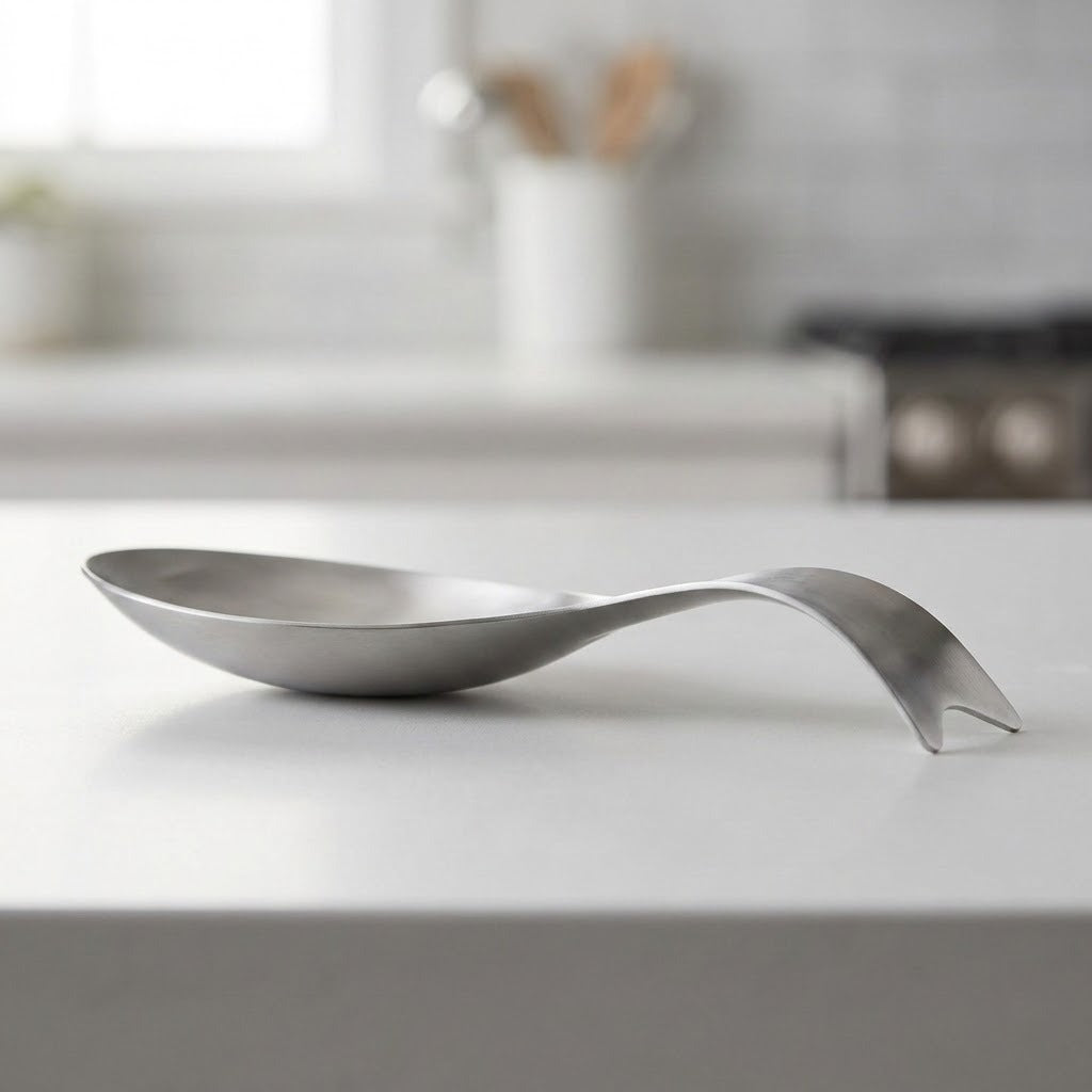 A modern stainless steel spoon-shaped dish or tray with a sculptural, wavy handle, resting on a white kitchen countertop with a blurred kitchen background.
