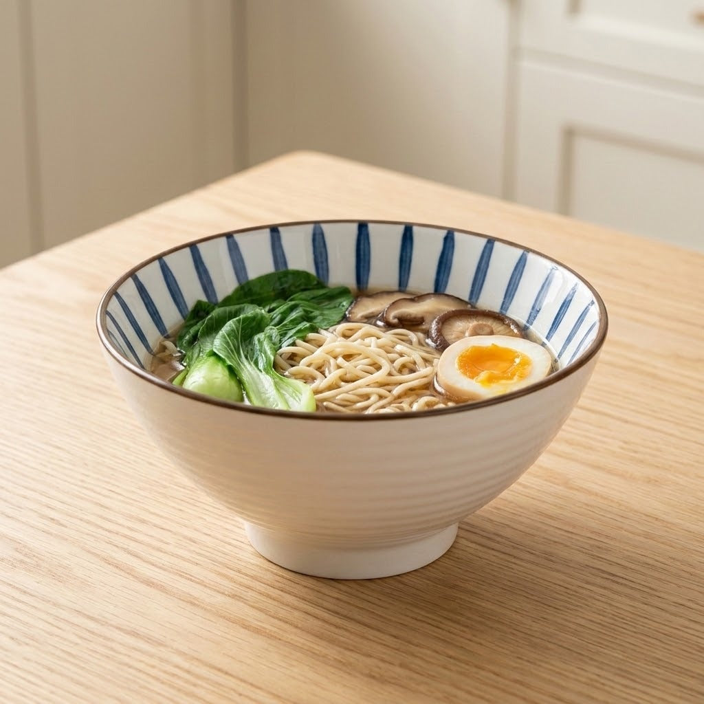 White ceramic bowl with blue interior stripes holds noodles, greens, mushrooms, and half an egg on a wooden table.
