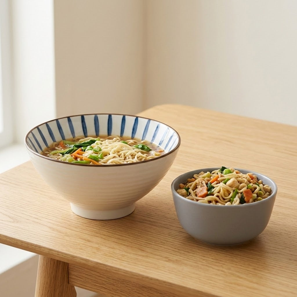 Large white bowl with blue interior stripes and smaller grey bowl hold noodles and vegetables on a sunlit wooden table.
