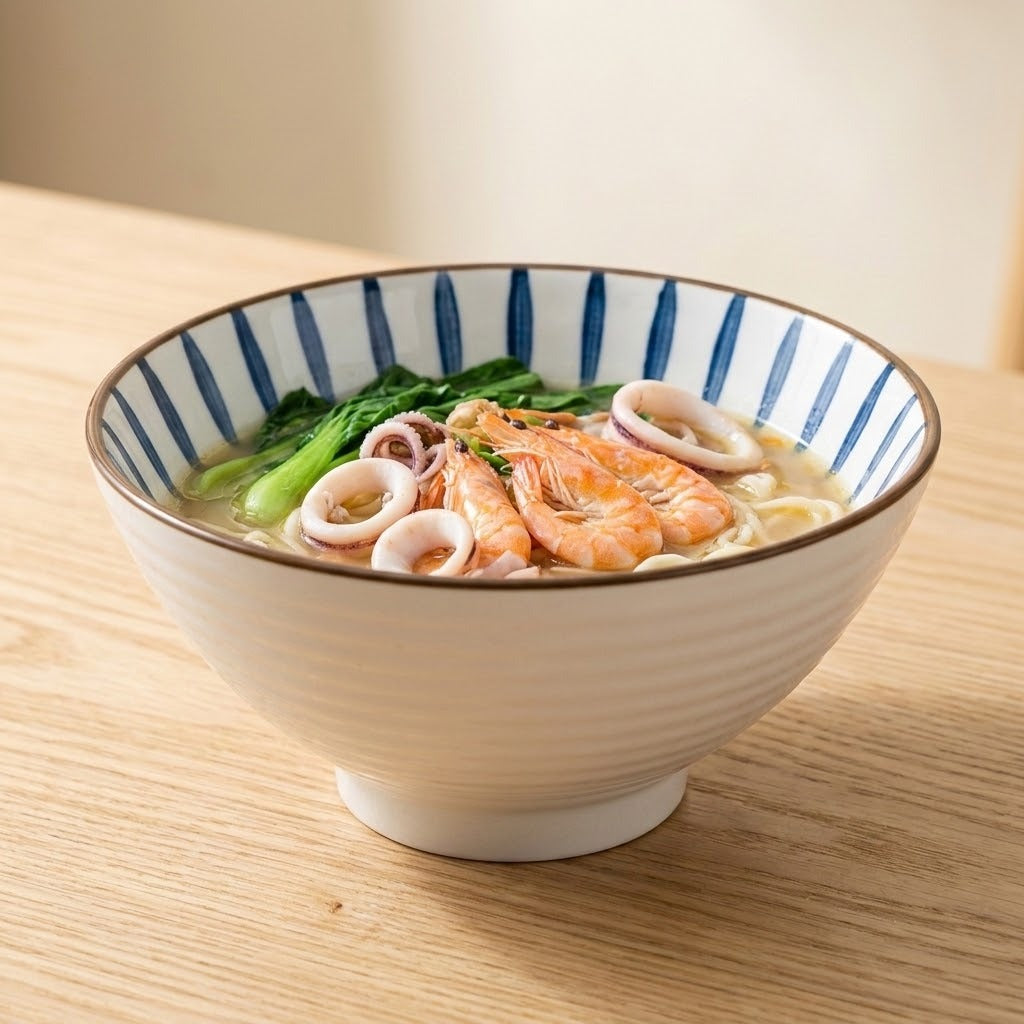 White ceramic bowl with blue stripes holds noodle soup topped with shrimp, squid rings, and greens on a wooden table.