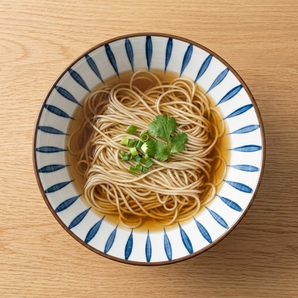Overhead view of a white bowl with blue stripes containing noodles in broth topped with green onions and cilantro on wood.