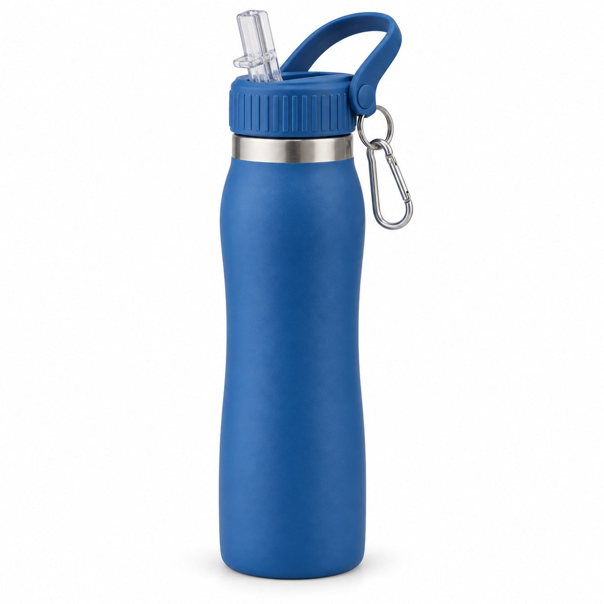 One blue insulated straw bottle with matching lid, clear straw spout, and attached carabiner.