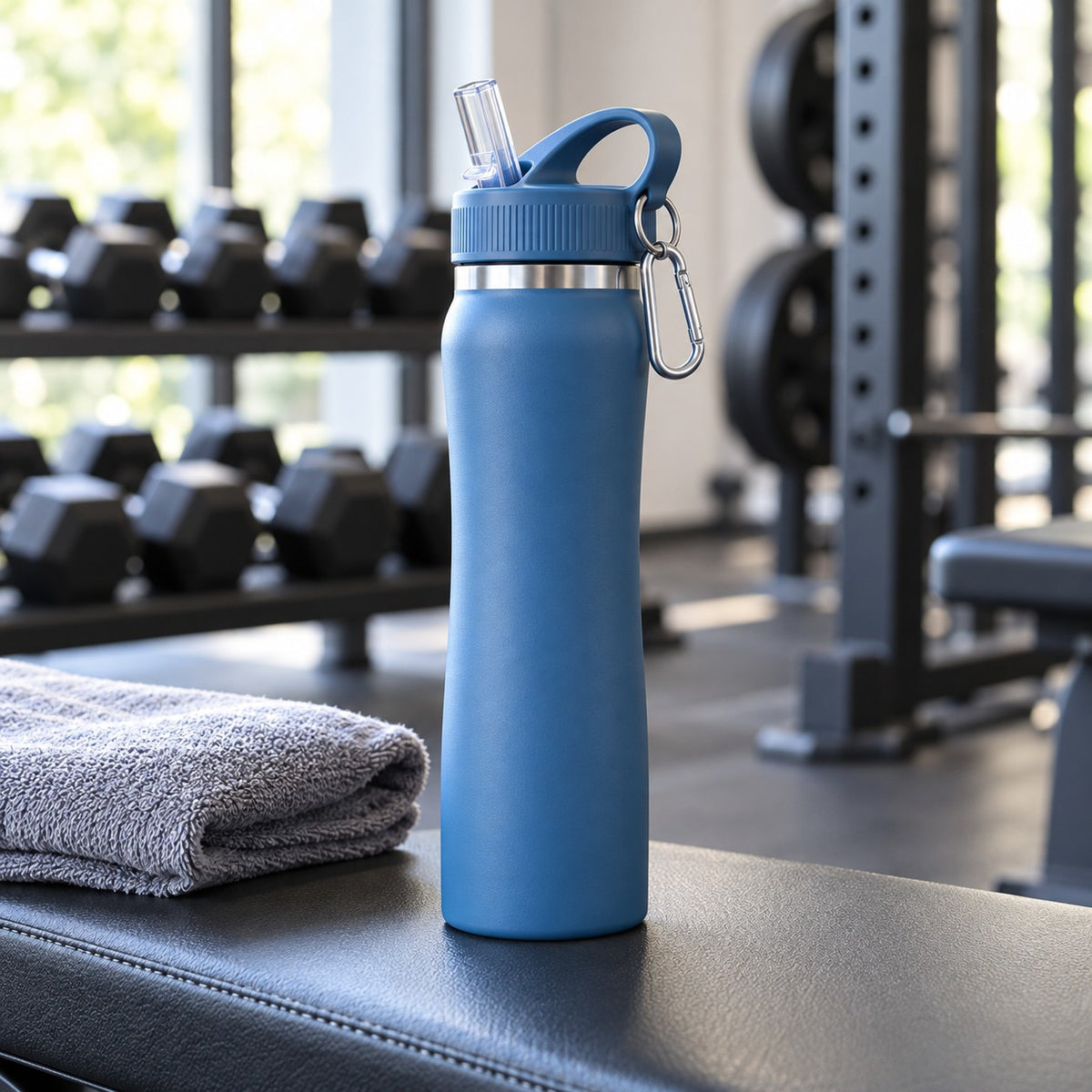 Blue insulated straw bottle stands ready beside a gym bag and towel for workout hydration.