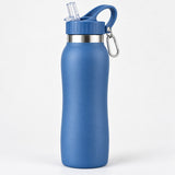 Blue 600 ml insulated straw bottle shown clearly with its sipping spout and carry loop.