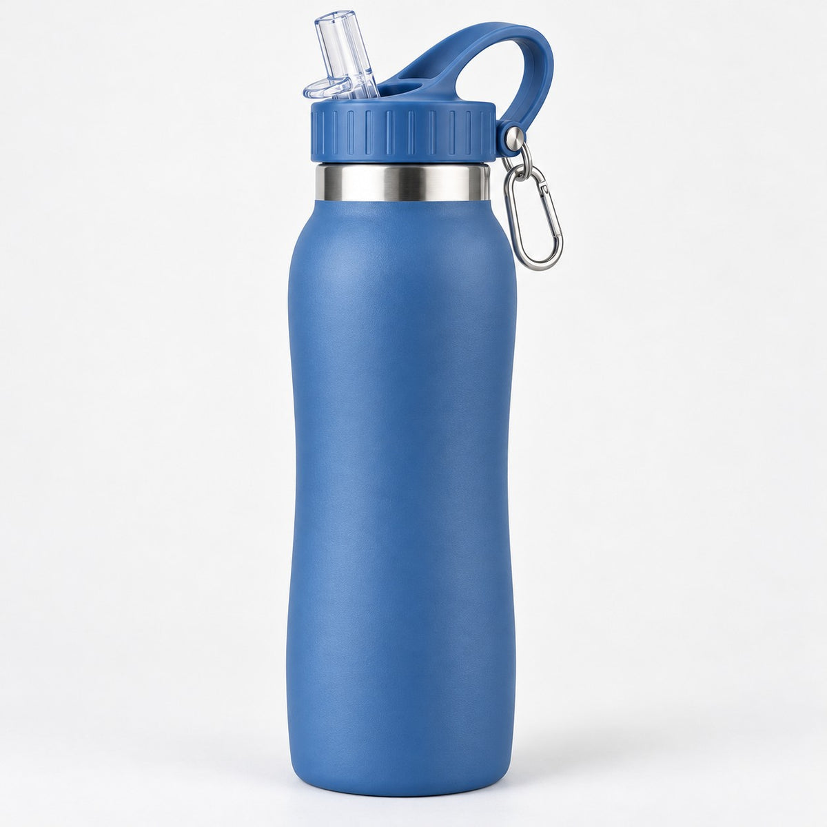 Blue 600 ml insulated straw bottle shown clearly with its sipping spout and carry loop.