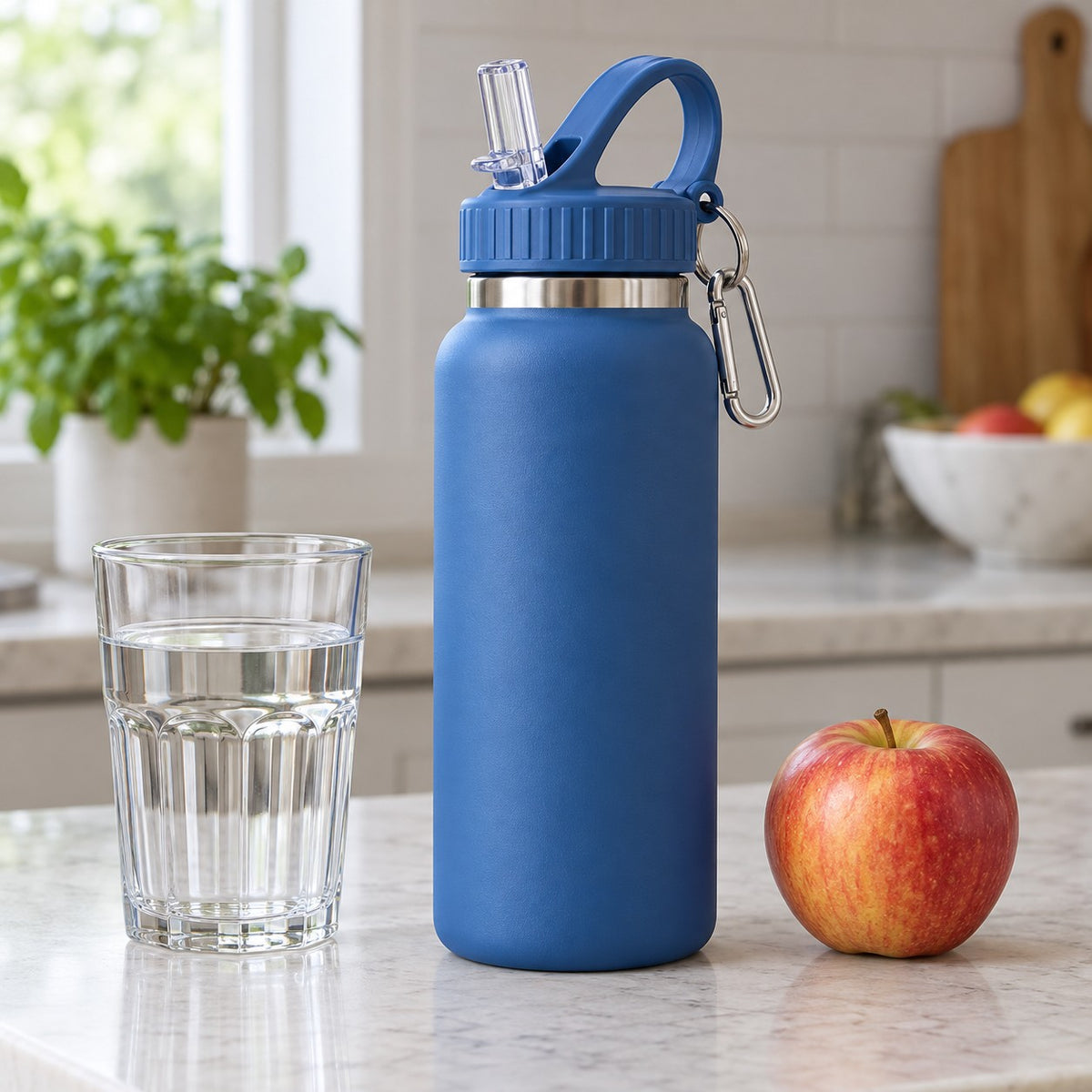 Blue 600 ml insulated straw bottle stands beside a drinking glass and apple on a kitchen counter.