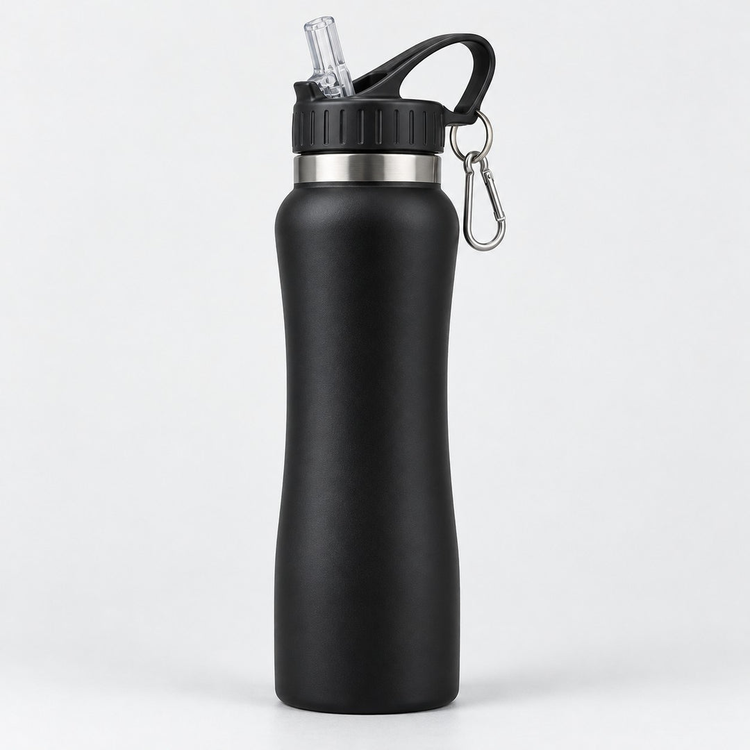 Black insulated straw bottle centered on a soft gray studio background with its attached carabiner.