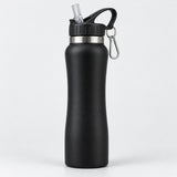 Black insulated straw bottle centered on a soft gray studio background with its attached carabiner.