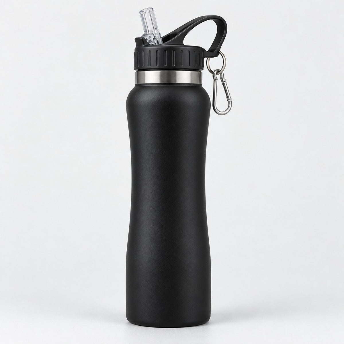 Black insulated straw bottle centered on a soft gray studio background with its attached carabiner.