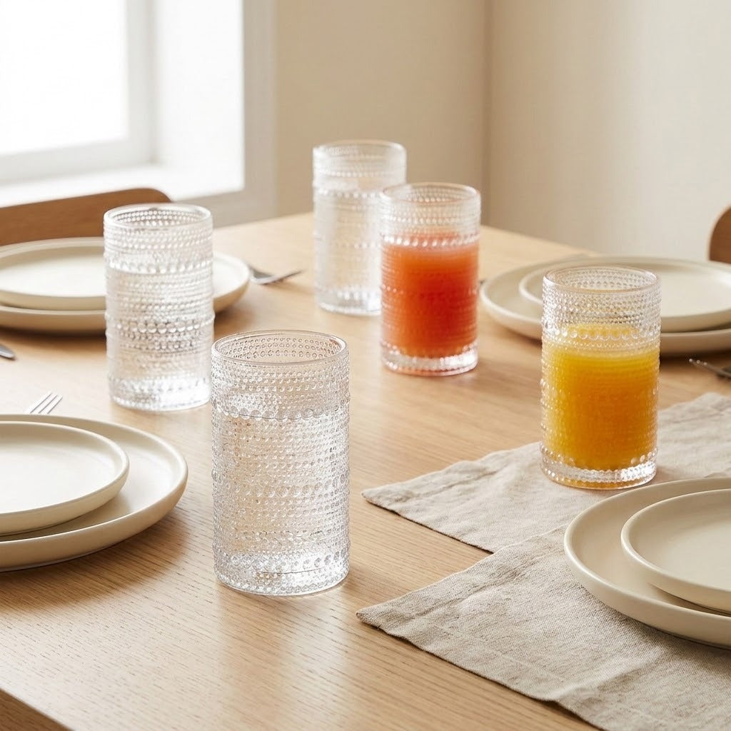 Four textured clear drinking glasses arranged on a wooden dining table with plates, napkins, and orange and red beverages, in a softly lit indoor setting.