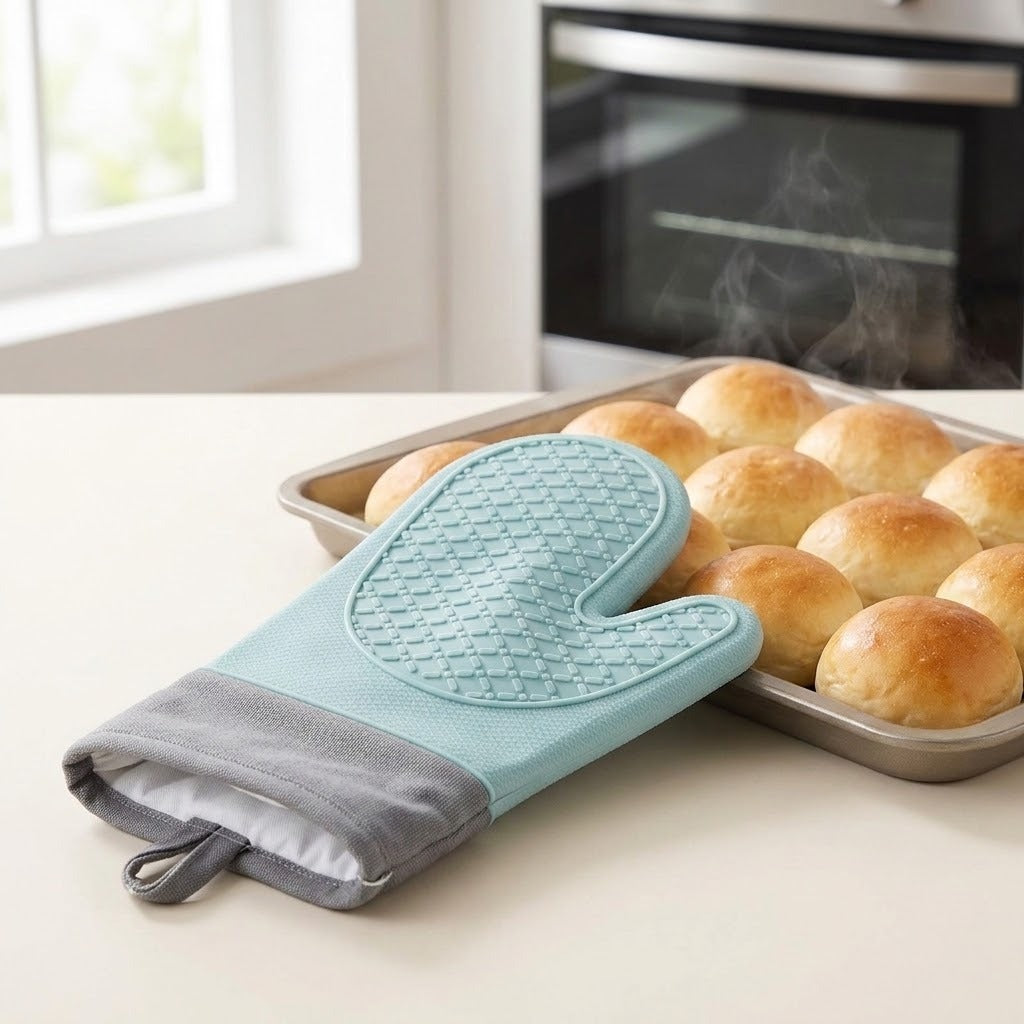 A light blue and gray silicone oven mitt resting on a baking sheet of golden-brown bread rolls on a kitchen counter, with a blurred oven and window in the background.