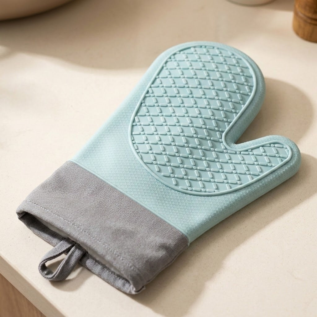 A silicone oven mitt with a light blue textured grip and a gray fabric cuff, resting on a beige countertop.