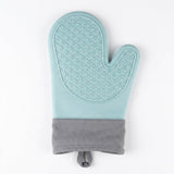 A silicone oven mitt in light blue with a gray fabric cuff and hanging loop, shown flat against a white background.