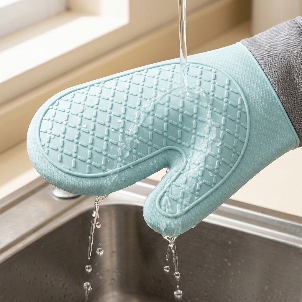 A light blue silicone oven mitt with a textured grid pattern, being rinsed with water from a faucet in a kitchen sink.