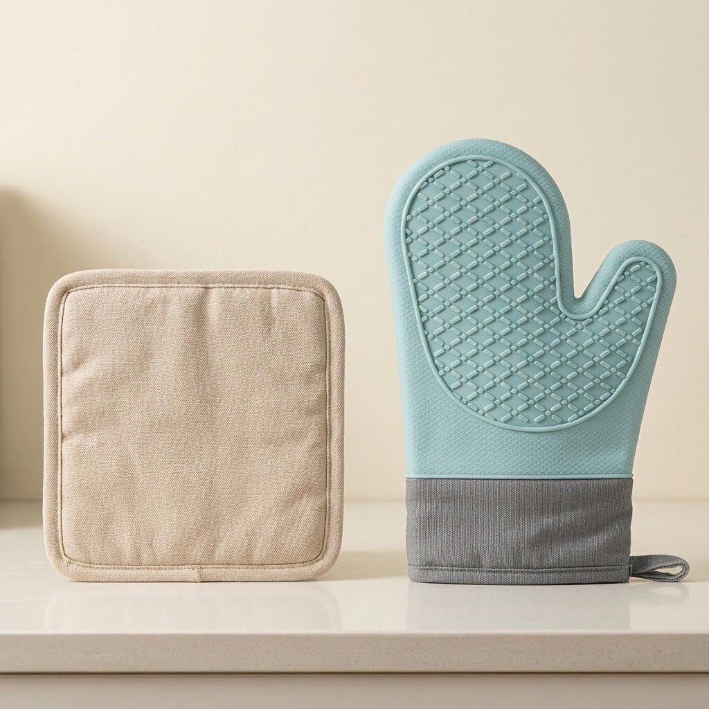 A beige square potholder and a light blue oven mitt with a gray wrist strap, displayed side by side on a white surface against a warm beige background.