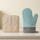 A beige square potholder and a light blue oven mitt with a gray wrist strap, displayed side by side on a white surface against a warm beige background.