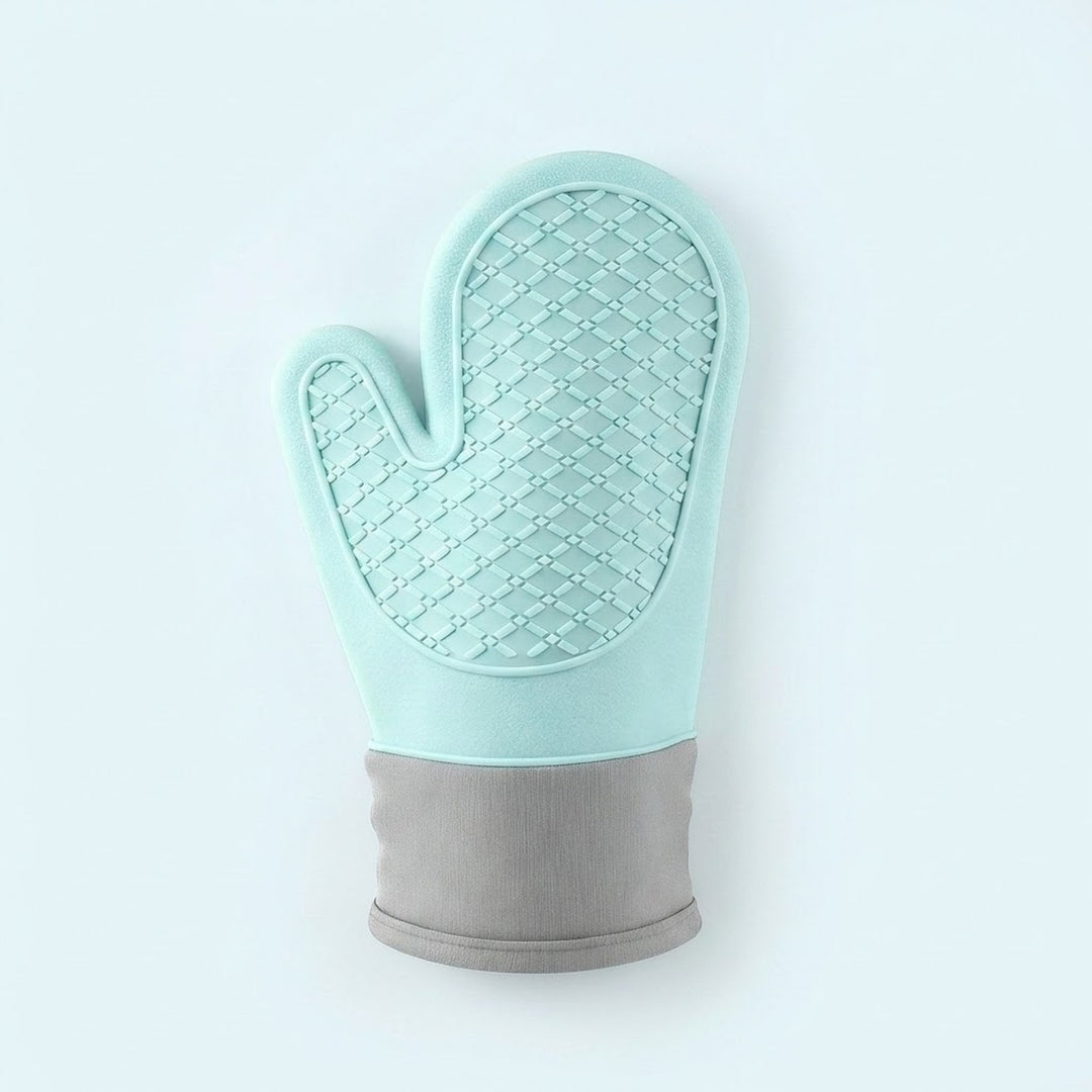 A silicone oven mitt in mint green and gray, featuring a textured diamond-patterned silicone palm, shown against a light gray background.