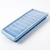 A rectangular silicone ice cube tray with a translucent light blue lid and a dark blue base, shown on a plain white background.