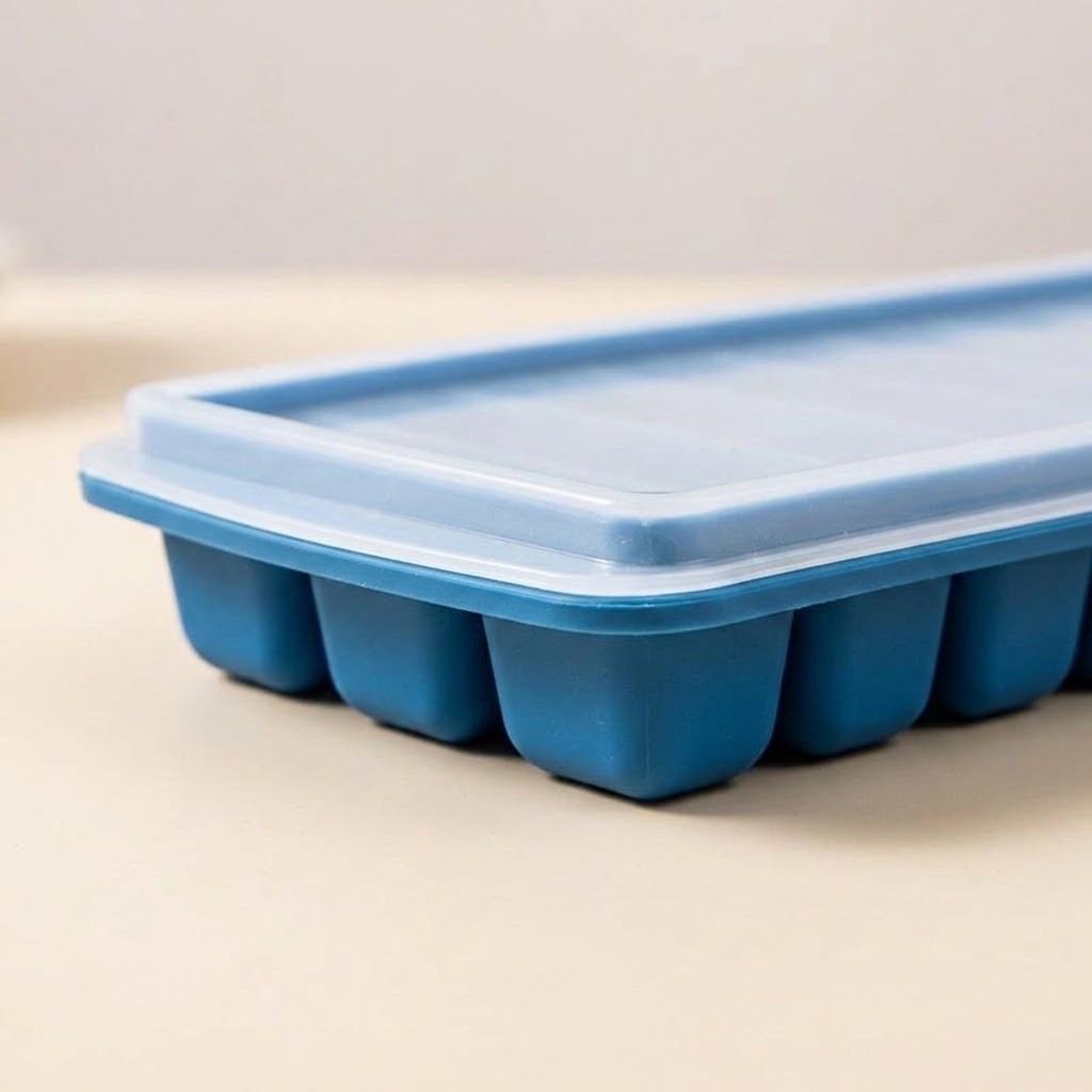 A close-up of a blue silicone ice cube tray with a matching translucent lid, resting on a light beige surface.