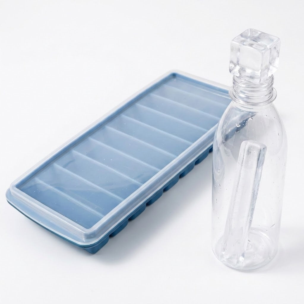 A blue ice stick tray with a translucent lid sits beside a clear bottle containing an ice stick on a white background.