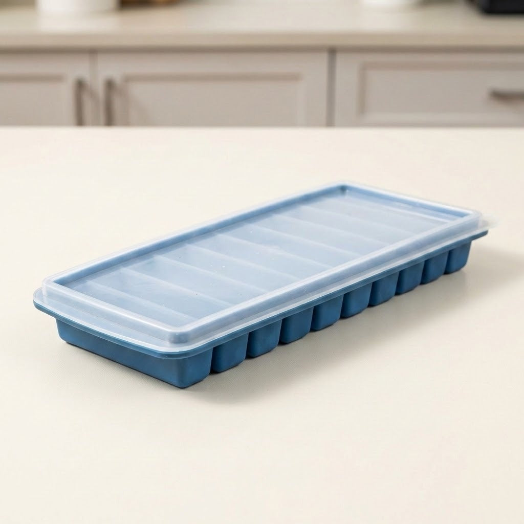 A blue ice stick tray with a translucent lid rests on a cream kitchen countertop with blurred cabinets behind it.