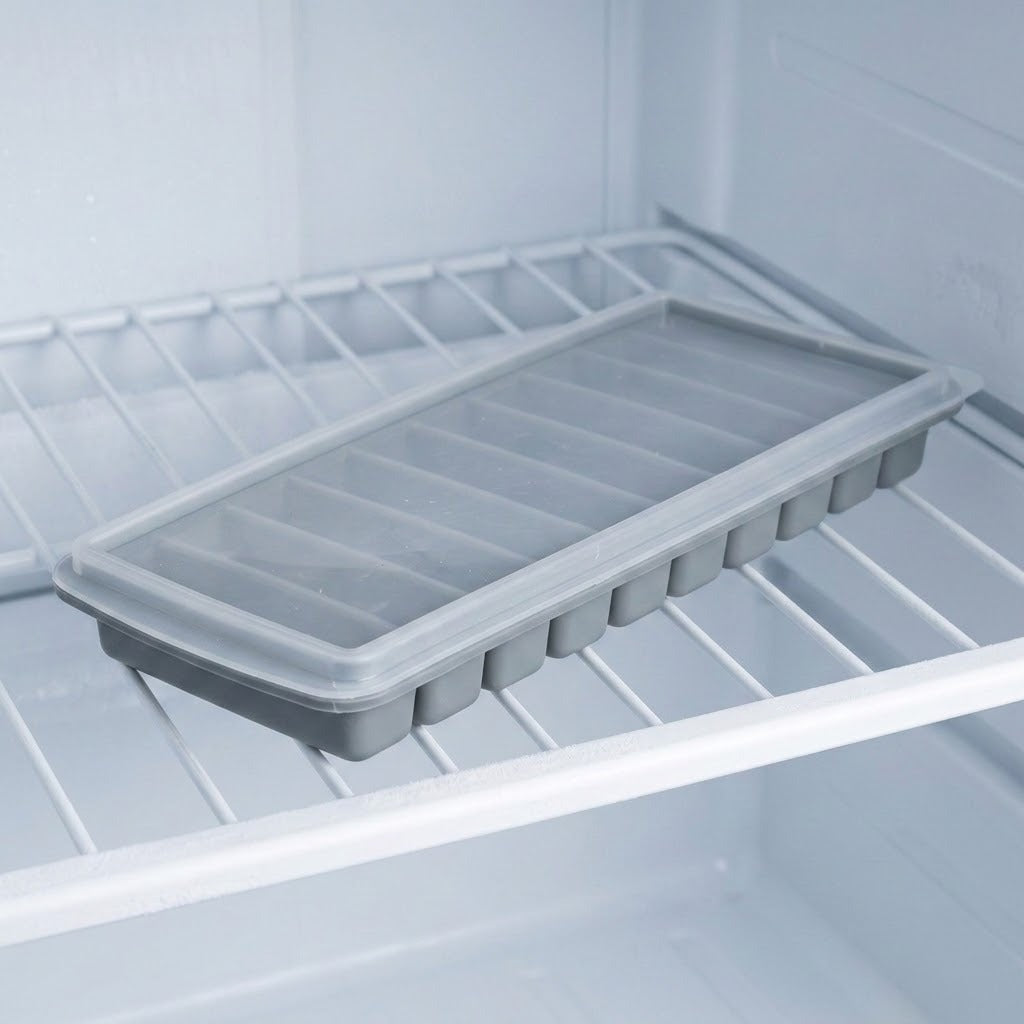 A gray ice stick tray covered with a translucent lid rests on a white wire shelf inside a freezer.