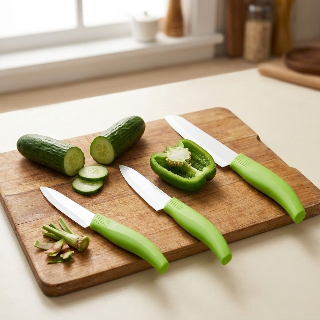 Three green-handled knives with silver blades rest on a wooden cutting board beside sliced cucumber and halved green pepper on a kitchen counter.