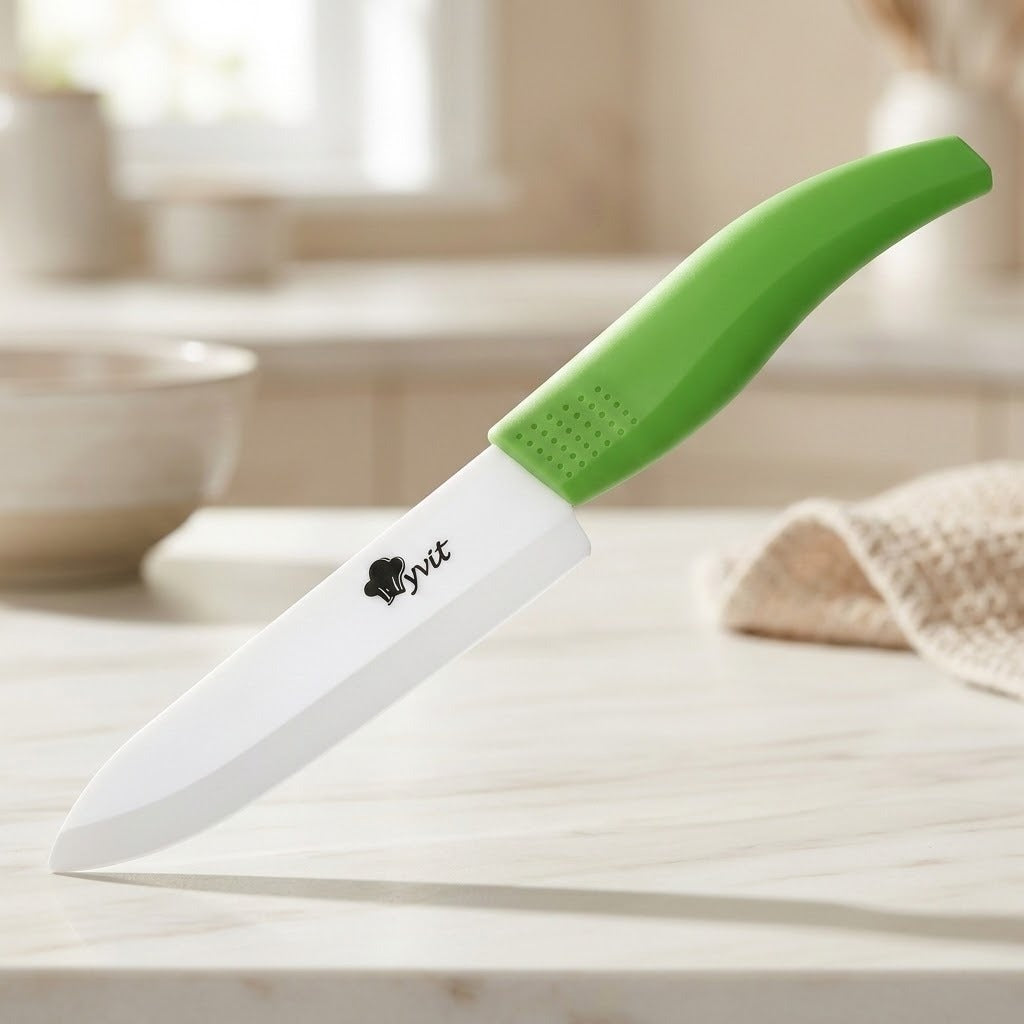 A white-bladed knife with a curved green handle balances diagonally on a pale kitchen countertop beside a bowl and folded cloth.