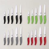 Four groups of five white-bladed knives display black, green, gray, and red handles against a pale background.