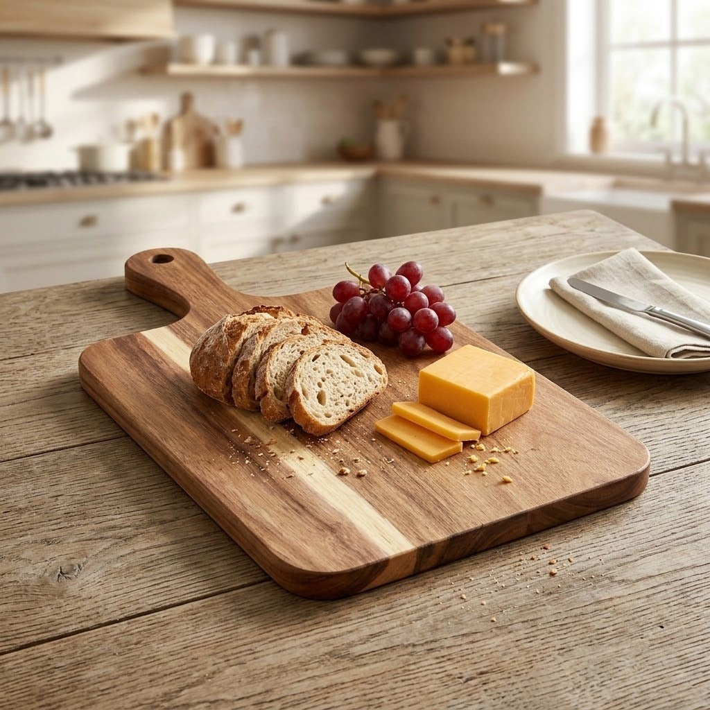 A rectangular wooden serving board with a handle, styled on a rustic wooden table with sliced bread, red grapes, cheese, and a plate with a knife in a softly blurred kitchen setting.