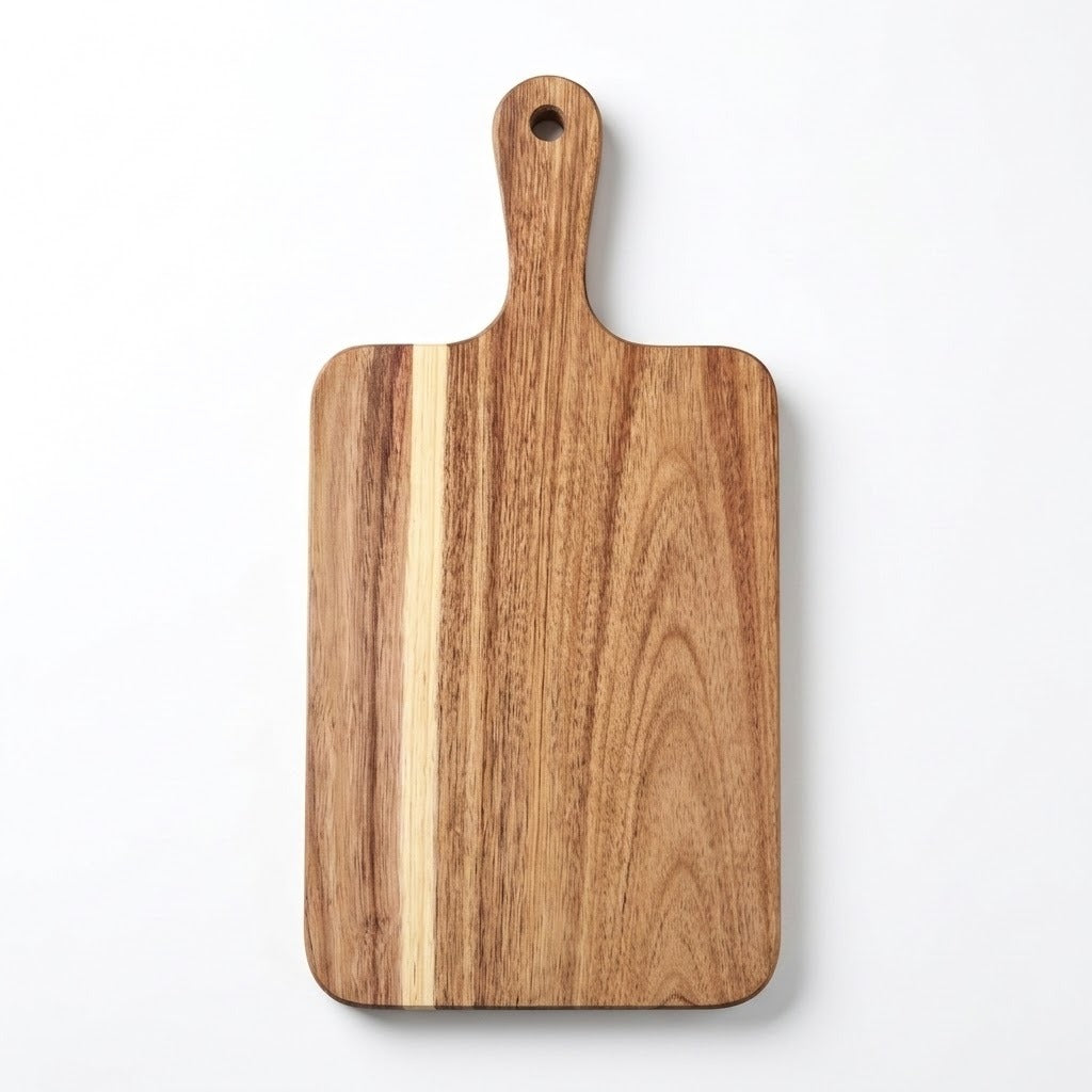 A rectangular wooden cutting board with rounded corners and a handle, featuring natural wood grain patterns in warm brown and tan tones, shown on a plain white background.