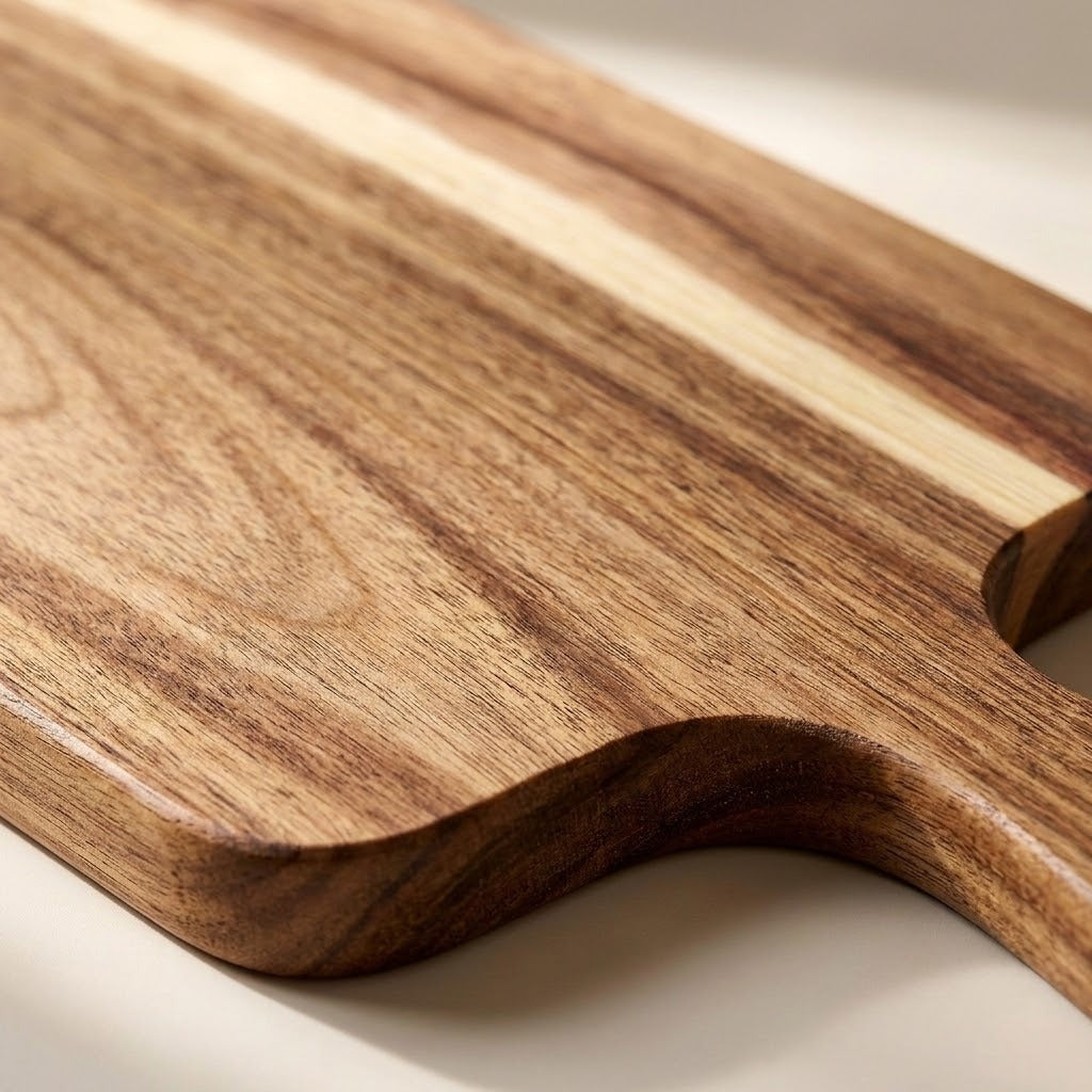A close-up of a wooden serving board or cutting board with a rich brown and beige wood grain pattern and a curved handle.