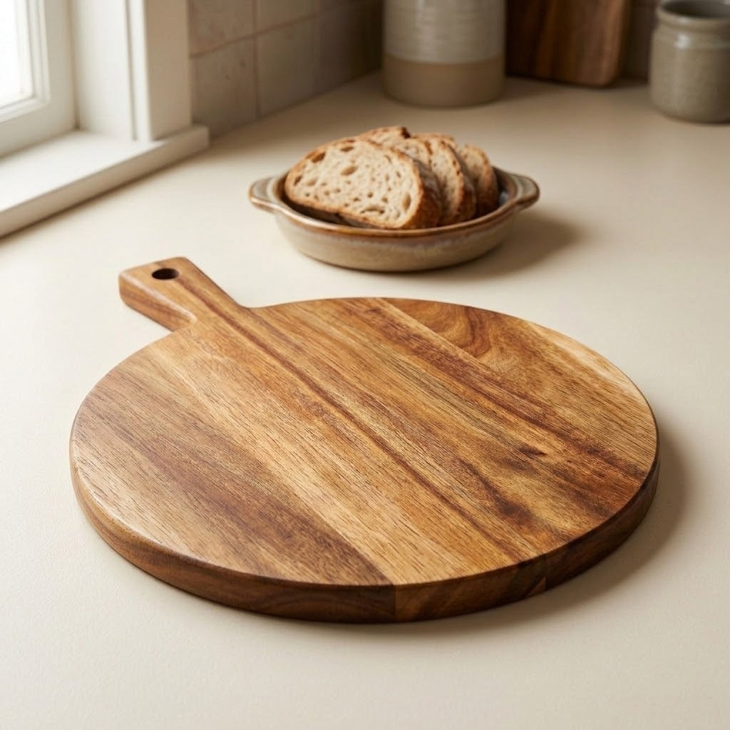 Empty round brown wooden cutting board with a holed handle rests on a cream kitchen counter with sliced bread behind it.
