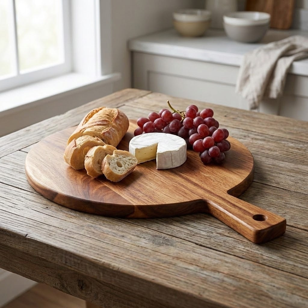 Round brown wooden serving board holds sliced bread, white-rind cheese, and red grapes on a rustic kitchen table.