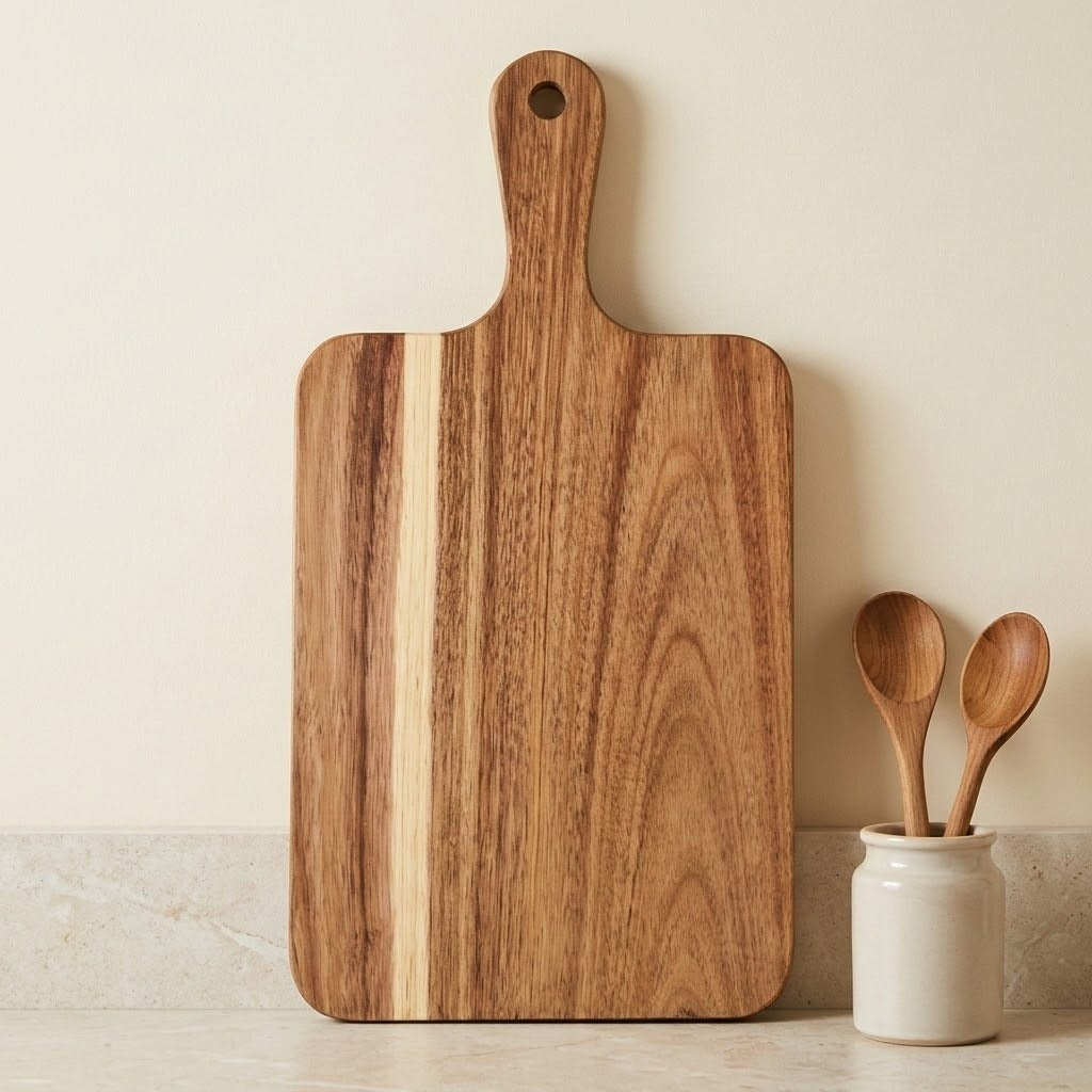 Rectangular brown wooden cutting board with a pale stripe and holed handle stands against a cream wall beside two wooden spoons.