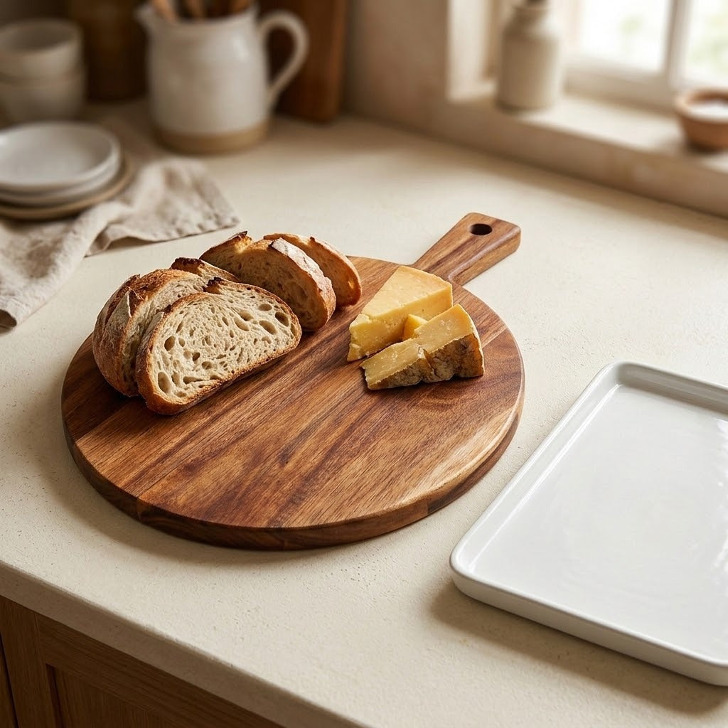 Round brown wooden serving board holds sliced bread and yellow cheese on a cream kitchen counter beside an empty white tray.