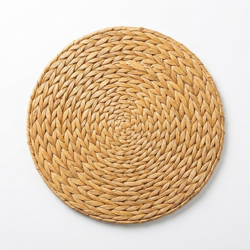A round woven straw placemat in a natural light tan color, photographed from directly above on a clean white background.